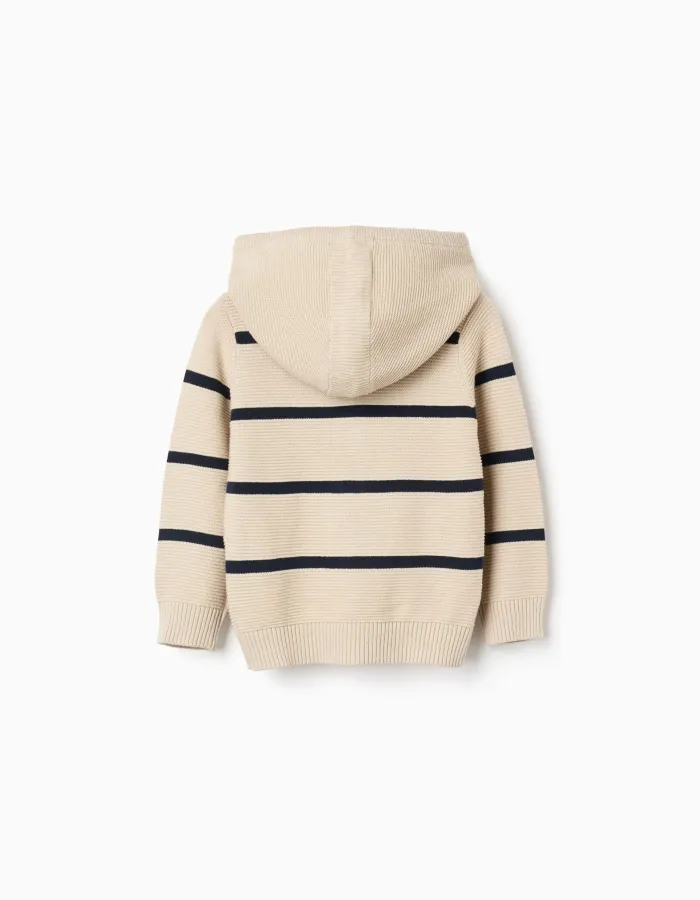 Cotton knit hooded jacket with stripes for baby boys, beige/dark blue