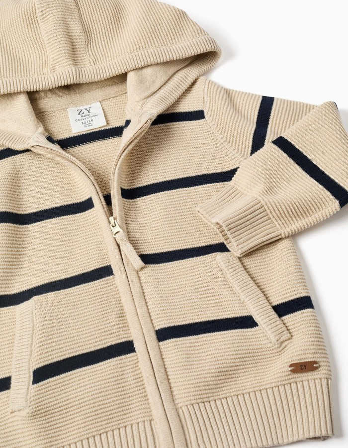 Cotton knit hooded jacket with stripes for baby boys, beige/dark blue