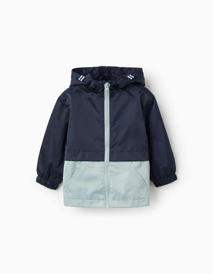 Hooded windbreaker with pockets for baby boys, dark blue/green