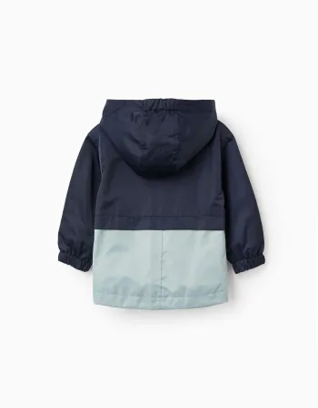 Hooded windbreaker with pockets for baby boys, dark blue/green