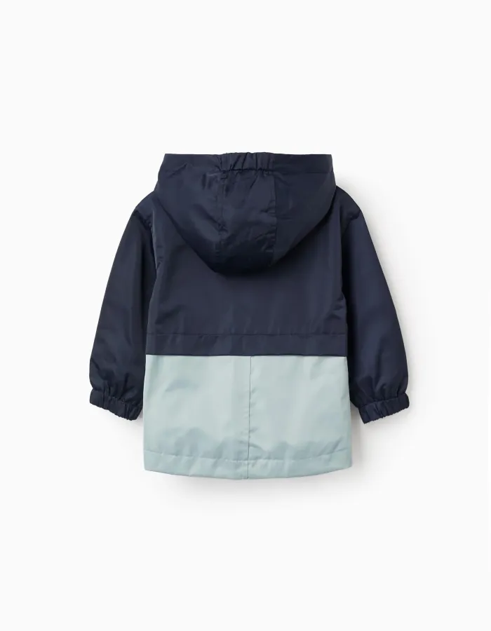 Hooded windbreaker with pockets for baby boys, dark blue/green