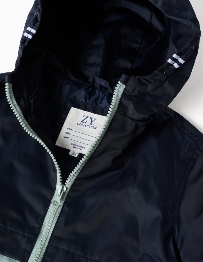 Hooded windbreaker with pockets for baby boys, dark blue/green