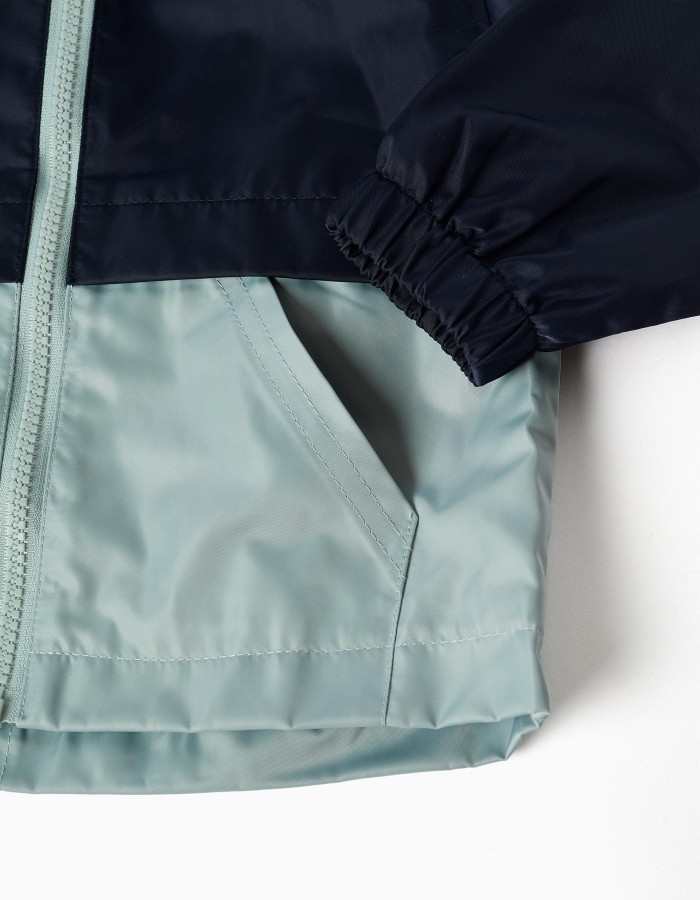 Hooded windbreaker with pockets for baby boys, dark blue/green