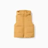 Hooded puffer vest with front zip for babies, mustard yellow
