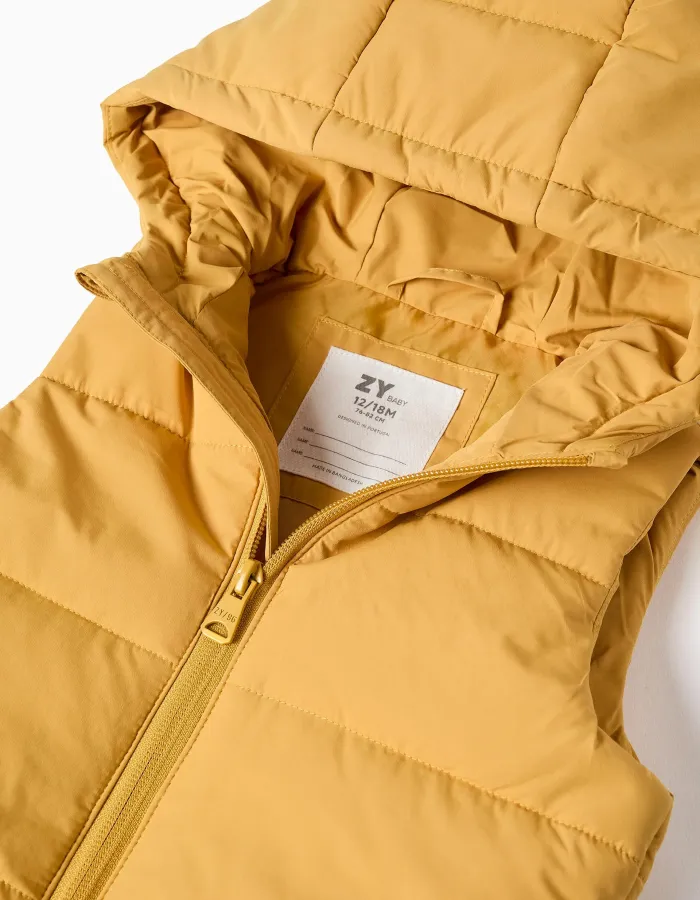 Hooded puffer vest with front zip for babies, mustard yellow