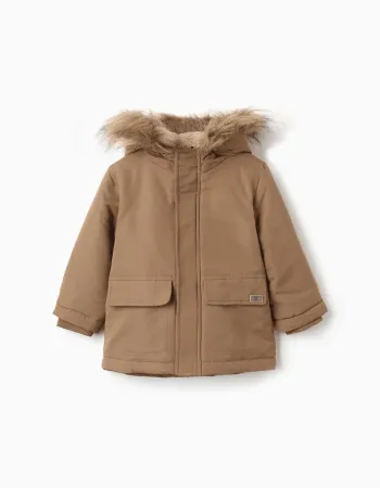 Hooded parka with sherpa lining for baby boys, greyish-brown