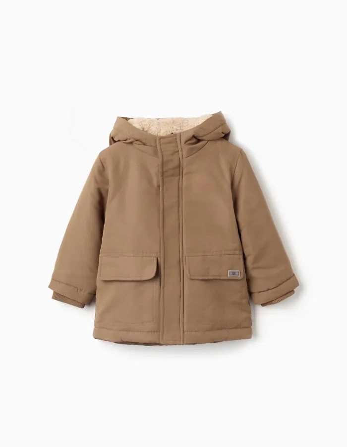 Hooded parka with sherpa lining for baby boys, greyish-brown