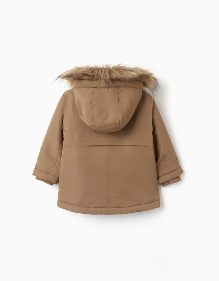 Hooded parka with sherpa lining for baby boys, greyish-brown