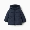 Hooded puffer jacket with polar fleece lining for babies, navy blue