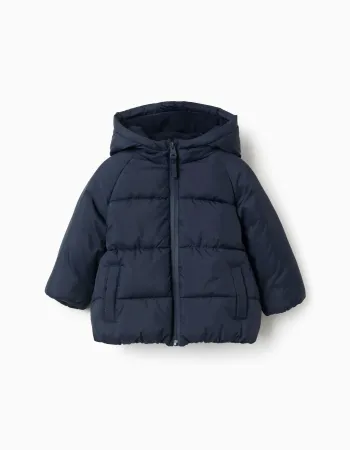 Hooded puffer jacket with polar fleece lining for babies, navy blue