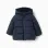 Hooded puffer jacket with polar fleece lining for babies, navy blue
