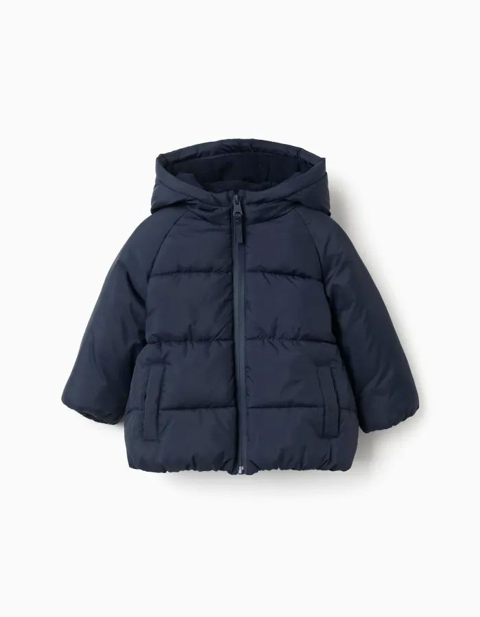 Hooded puffer jacket with polar fleece lining for babies, navy blue