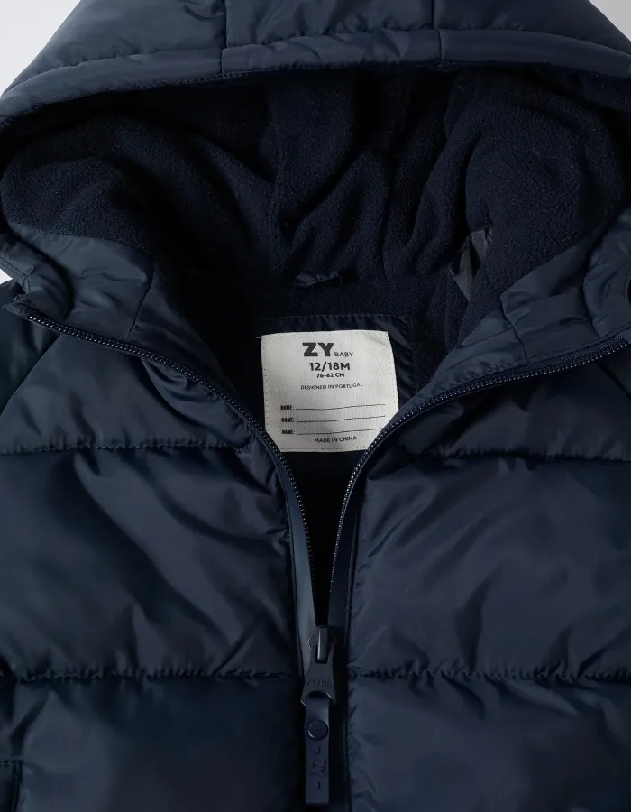 Hooded puffer jacket with polar fleece lining for babies, navy blue