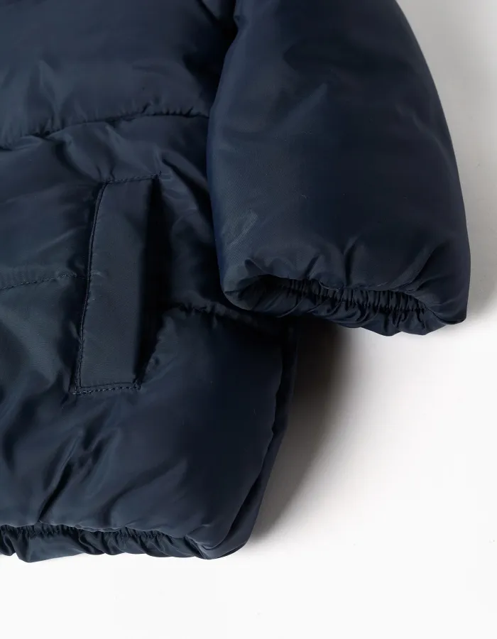 Hooded puffer jacket with polar fleece lining for babies, navy blue