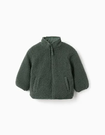 Reversible puffer jacket with sherpa for baby boys, dark green