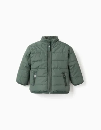 Reversible puffer jacket with sherpa for baby boys, dark green