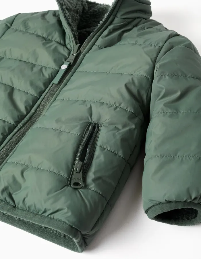 Reversible puffer jacket with sherpa for baby boys, dark green