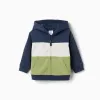 Brushed hooded jacket with colour block for baby boys, blue/white/green