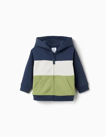 Brushed hooded jacket with colour block for baby boys, blue/white/green