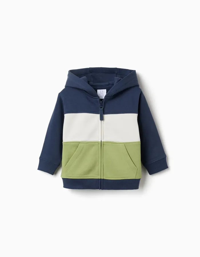 Brushed hooded jacket with colour block for baby boys, blue/white/green