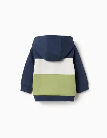 Brushed hooded jacket with colour block for baby boys, blue/white/green