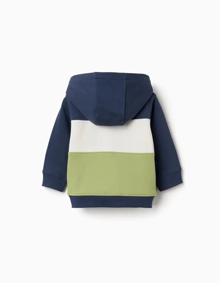 Brushed hooded jacket with colour block for baby boys, blue/white/green