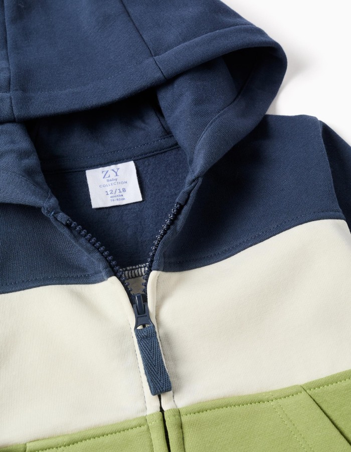 Brushed hooded jacket with colour block for baby boys, blue/white/green