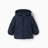 Puffer jacket with detachable hood for baby boys, navy blue