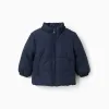 Puffer jacket with detachable hood for baby boys, navy blue