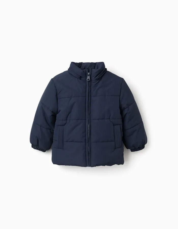 Puffer jacket with detachable hood for baby boys, navy blue