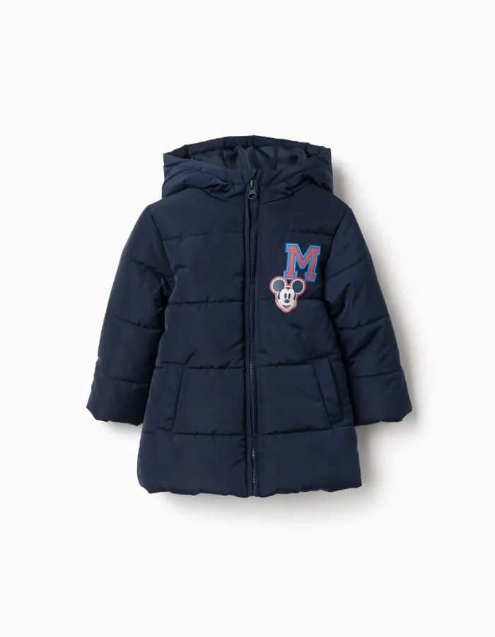 Hooded padded jacket with Mickey for babies and boys, navy blue