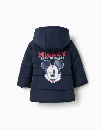 Hooded padded jacket with Mickey for babies and boys, navy blue