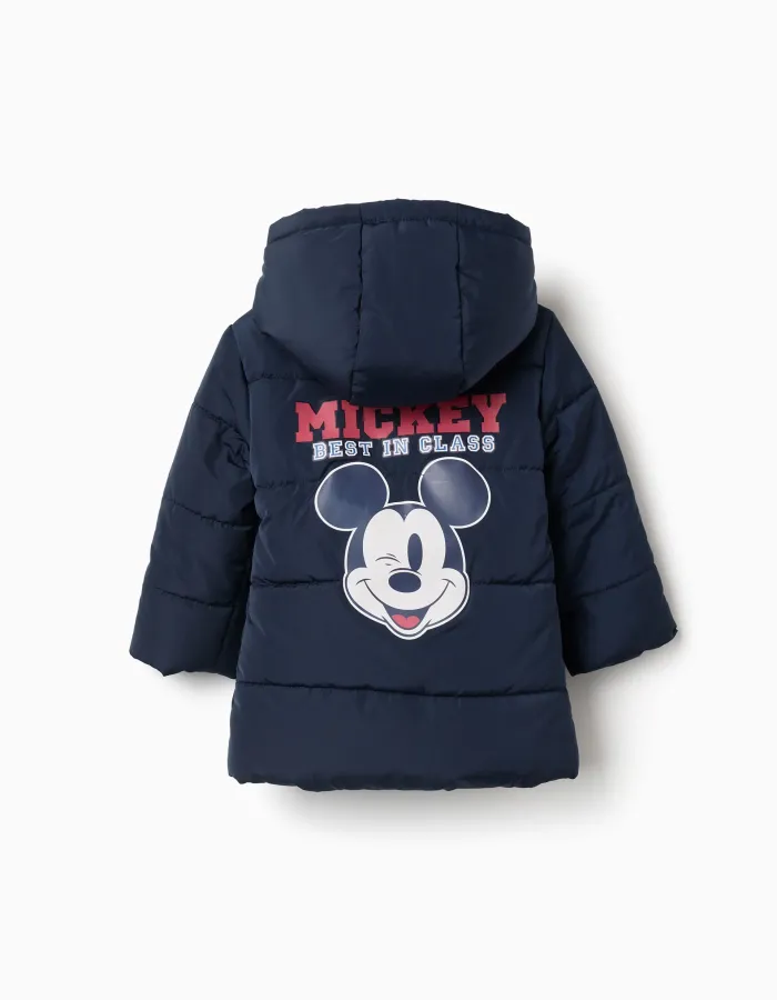 Hooded padded jacket with Mickey for babies and boys, navy blue