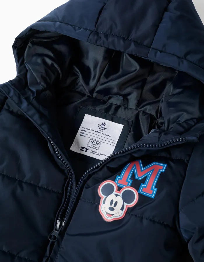 Hooded padded jacket with Mickey for babies and boys, navy blue
