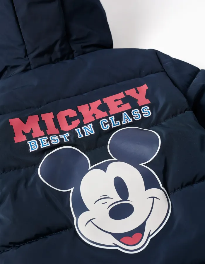 Hooded padded jacket with Mickey for babies and boys, navy blue