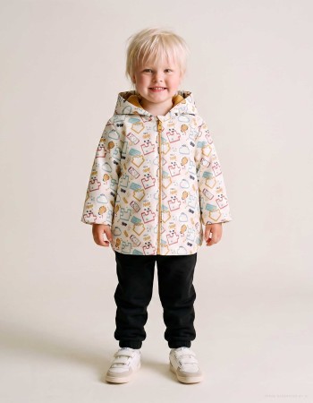 Padded rubber parka with hood and print for baby boys, white