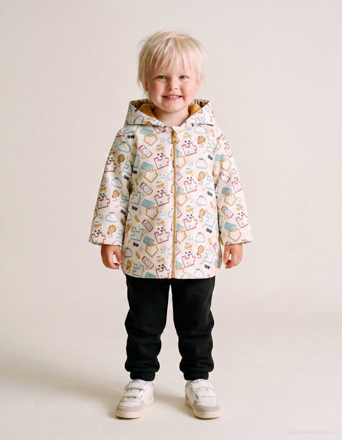 Padded rubber parka with hood and print for baby boys, white
