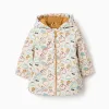 Padded rubber parka with hood and print for baby boys, white