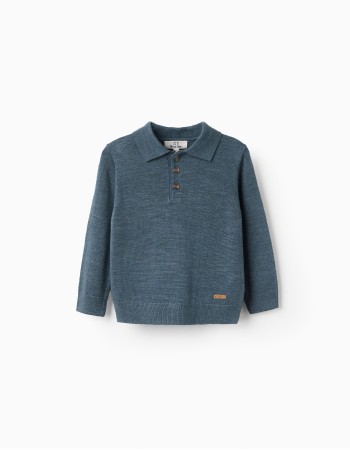 Knitted jumper with polo collar for baby boys, dark blue