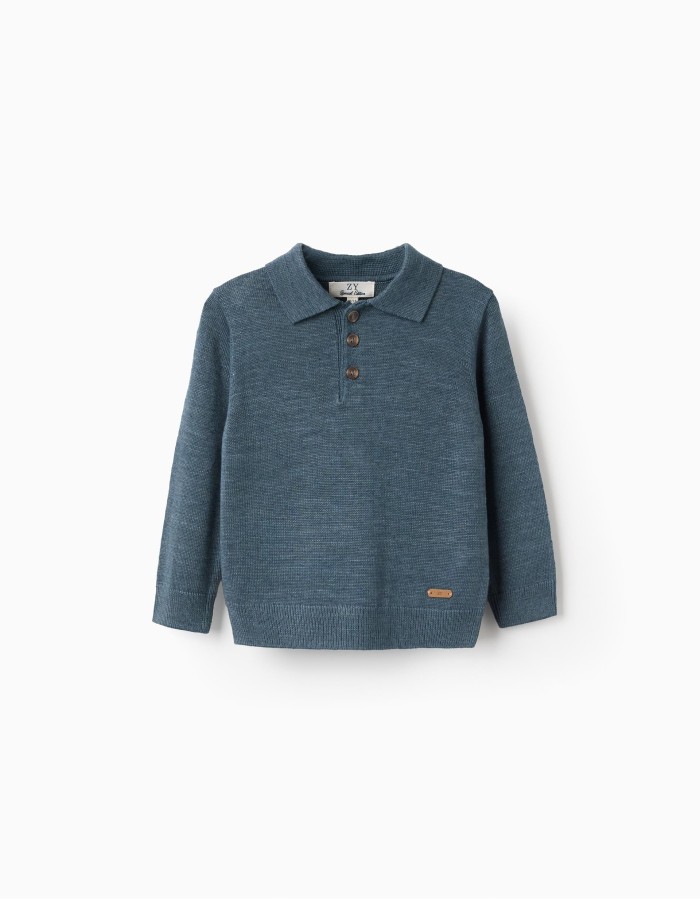 Knitted jumper with polo collar for baby boys, dark blue