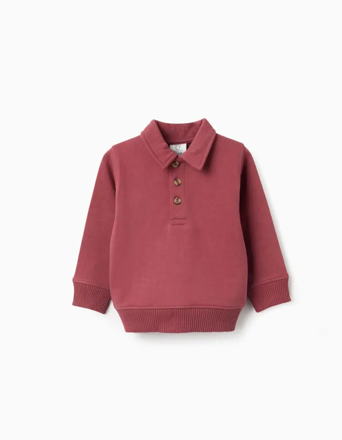 Cotton sweatshirt with polo collar for baby boys, brown
