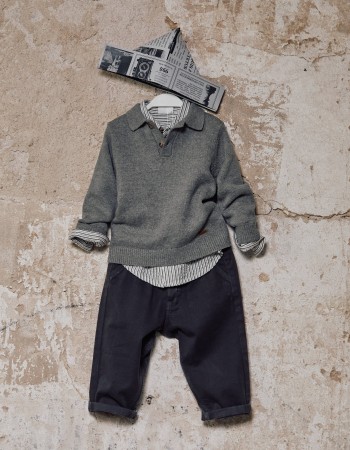 Knitted jumper with polo collar B&S for baby boys, grey