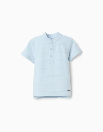 Cotton polo shirt with embossed lines for baby boys, light blue