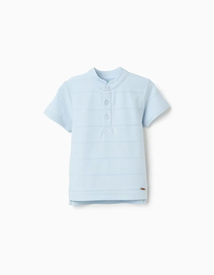 Cotton polo shirt with embossed lines for baby boys, light blue