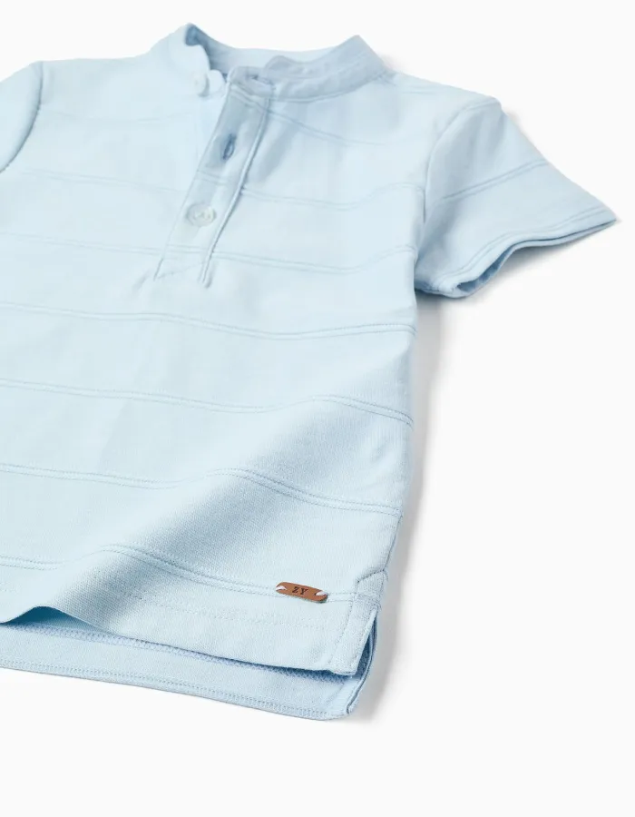 Cotton polo shirt with embossed lines for baby boys, light blue