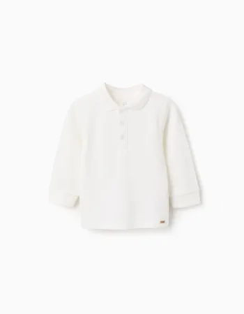 Long sleeve cotton piqué polo shirt for baby boys, white