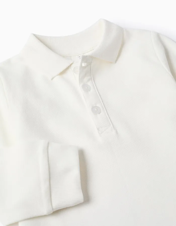 Long sleeve cotton piqué polo shirt for baby boys, white