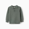 Cotton knitted jumper with polo collar B&S for baby boys, dark green