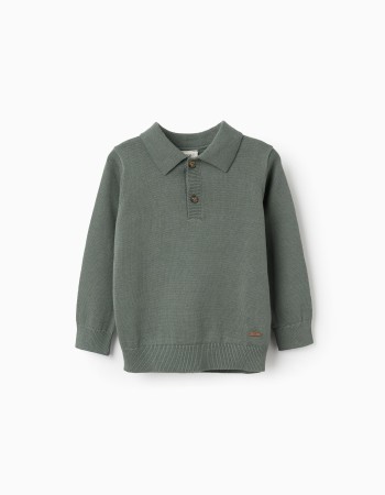 Cotton knitted jumper with polo collar B&S for baby boys, dark green