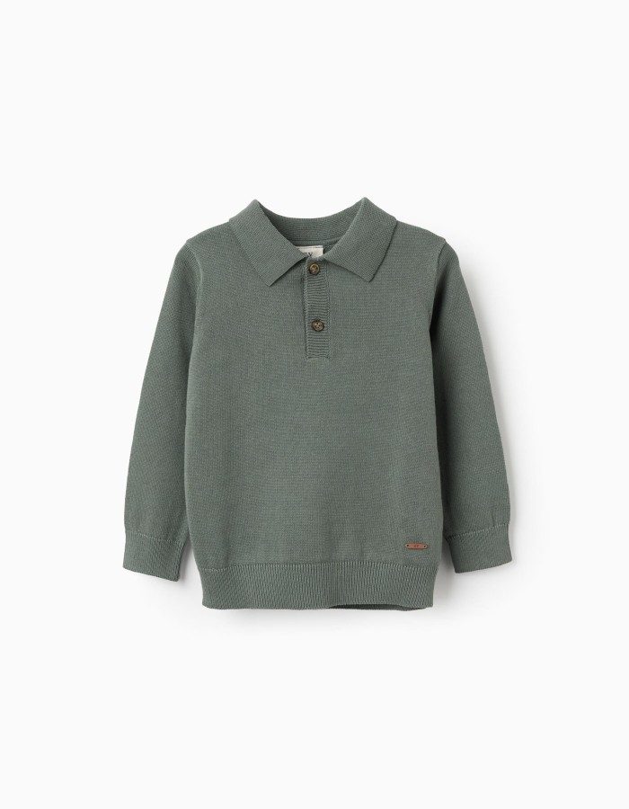 Cotton knitted jumper with polo collar B&S for baby boys, dark green